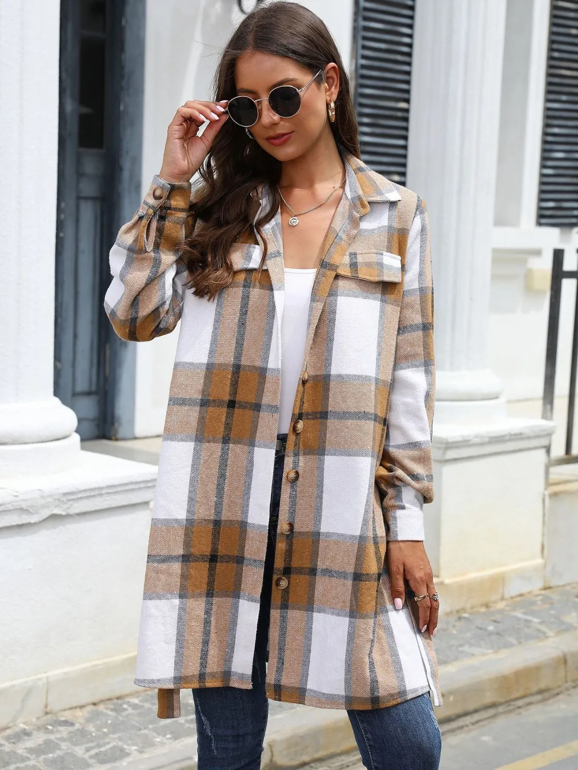 Sammy Plaid Belted Collared Neck Button Up Jacket