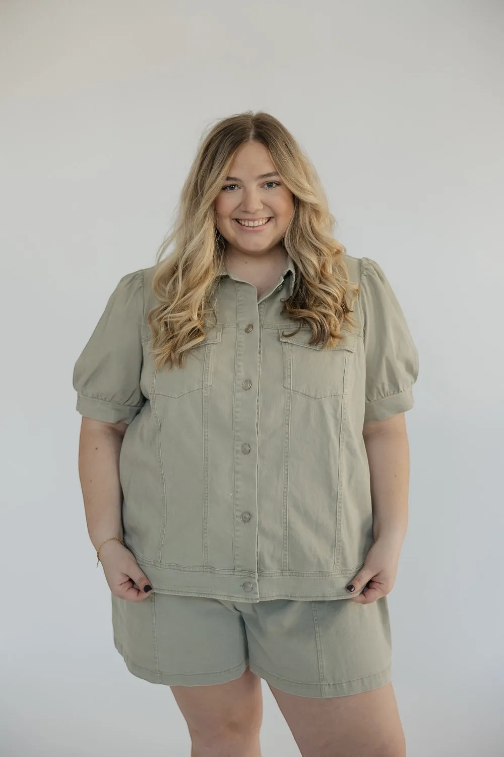 Sandy Washed Sage Denim Belted Shorts (XS-3XL)