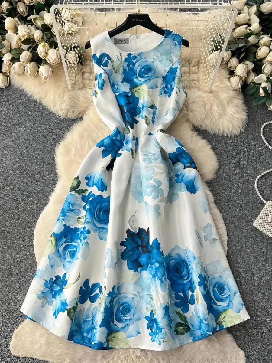 Sleeveless Floral Print Pleated Midi Dress