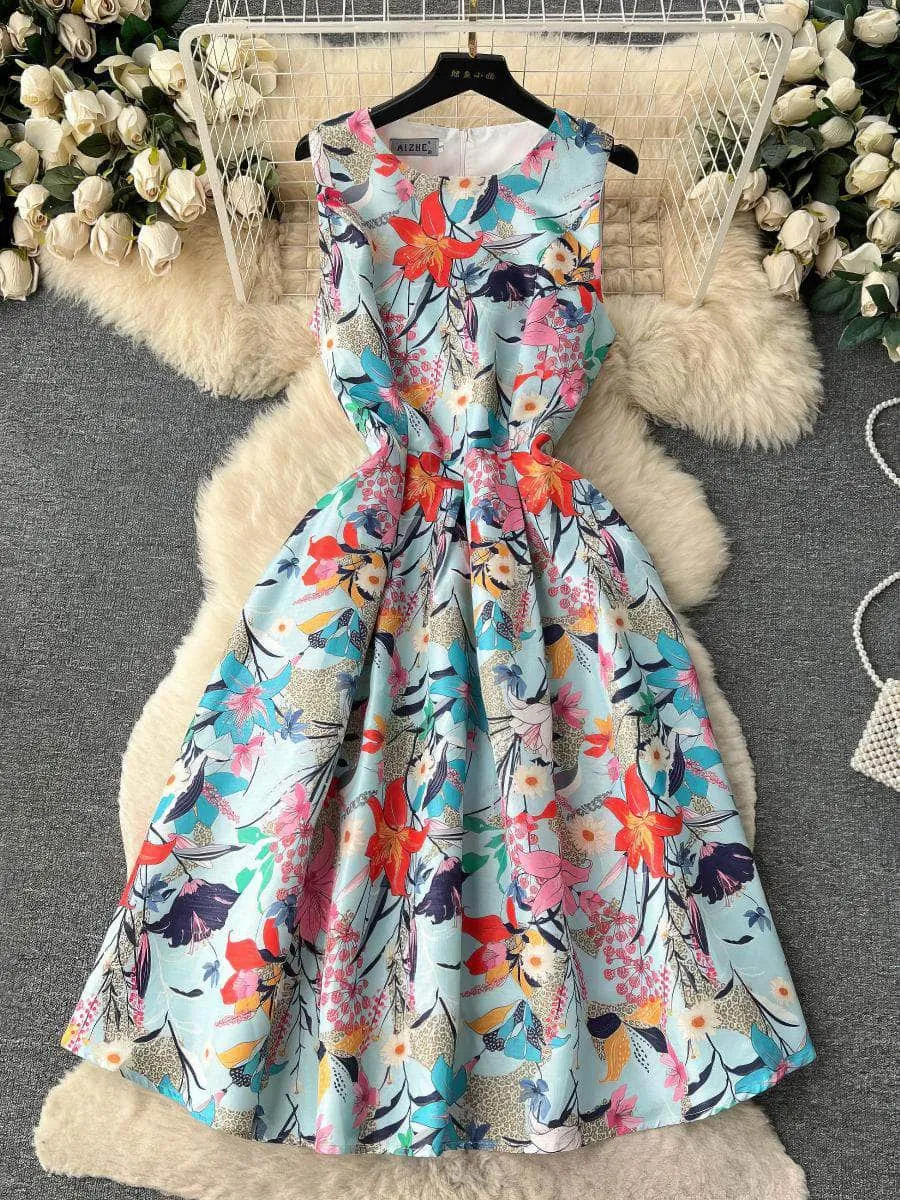 Sleeveless Floral Print Pleated Midi Dress