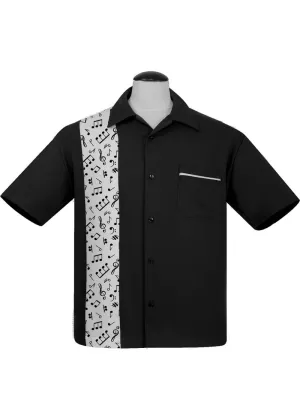 Steady Clothing Mens Music Note Panel Bowling Shirt Black White