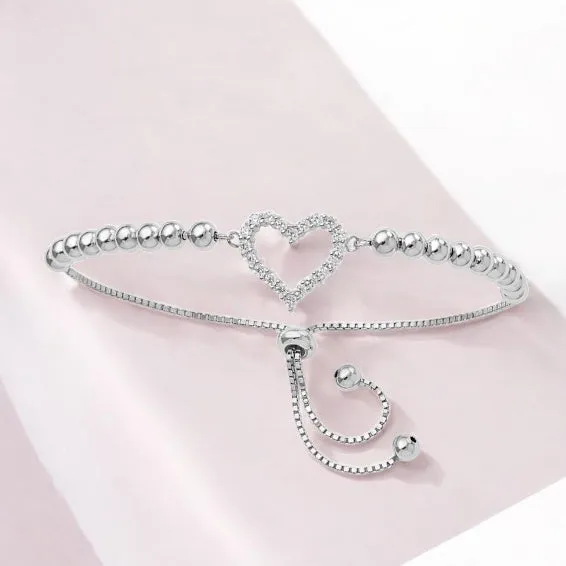 Sterling Silver Beaded CZ Heart Adjustable Bolo Bracelet