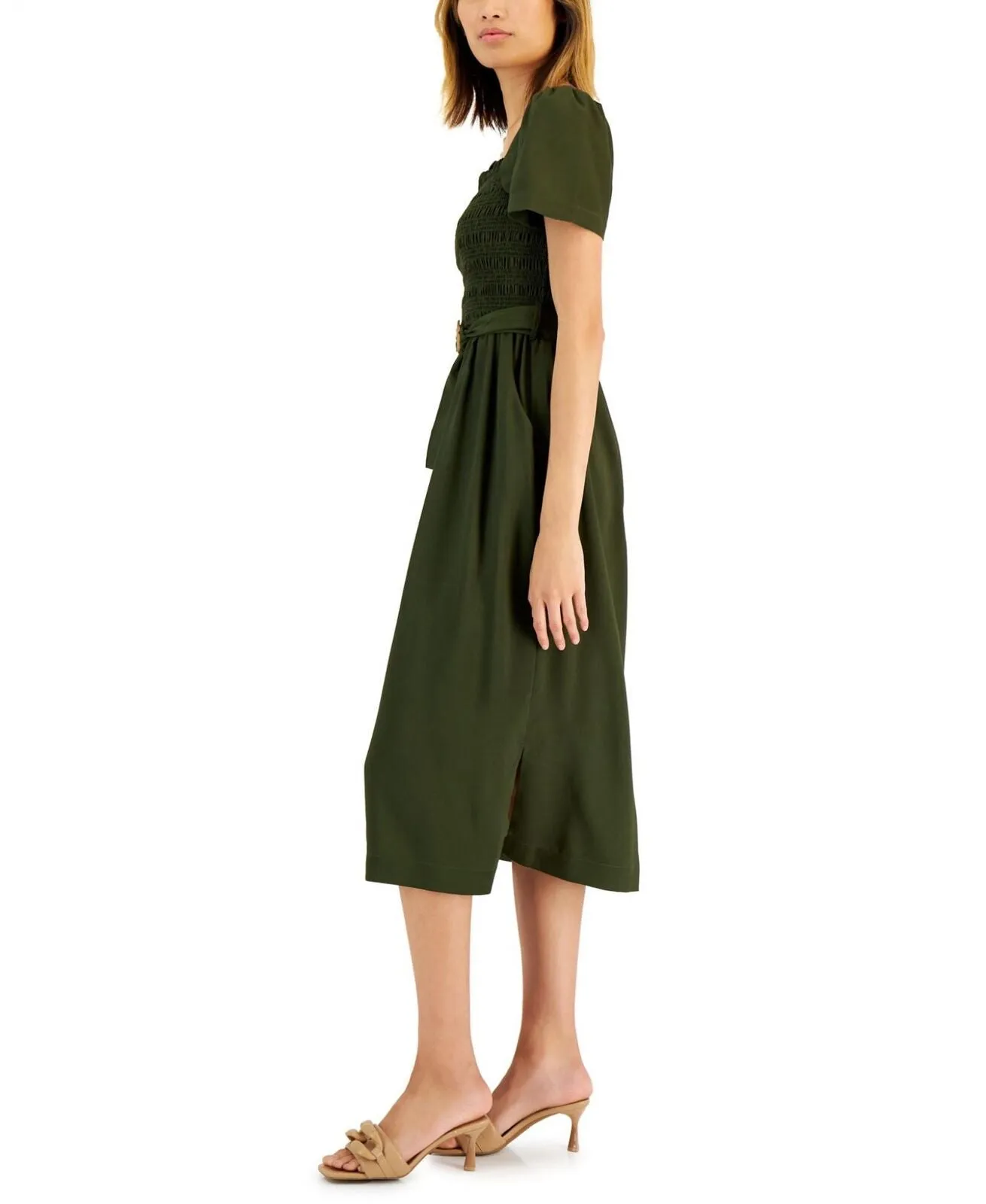 Tahari Asl Women's Smocked-Top Belted Midi Dress 2AM199-T2 Olive Green 10