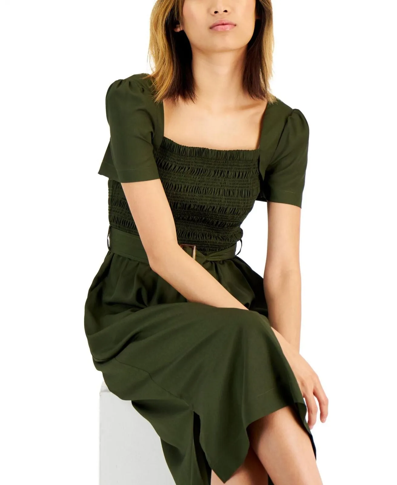 Tahari Asl Women's Smocked-Top Belted Midi Dress 2AM199-T2 Olive Green 10