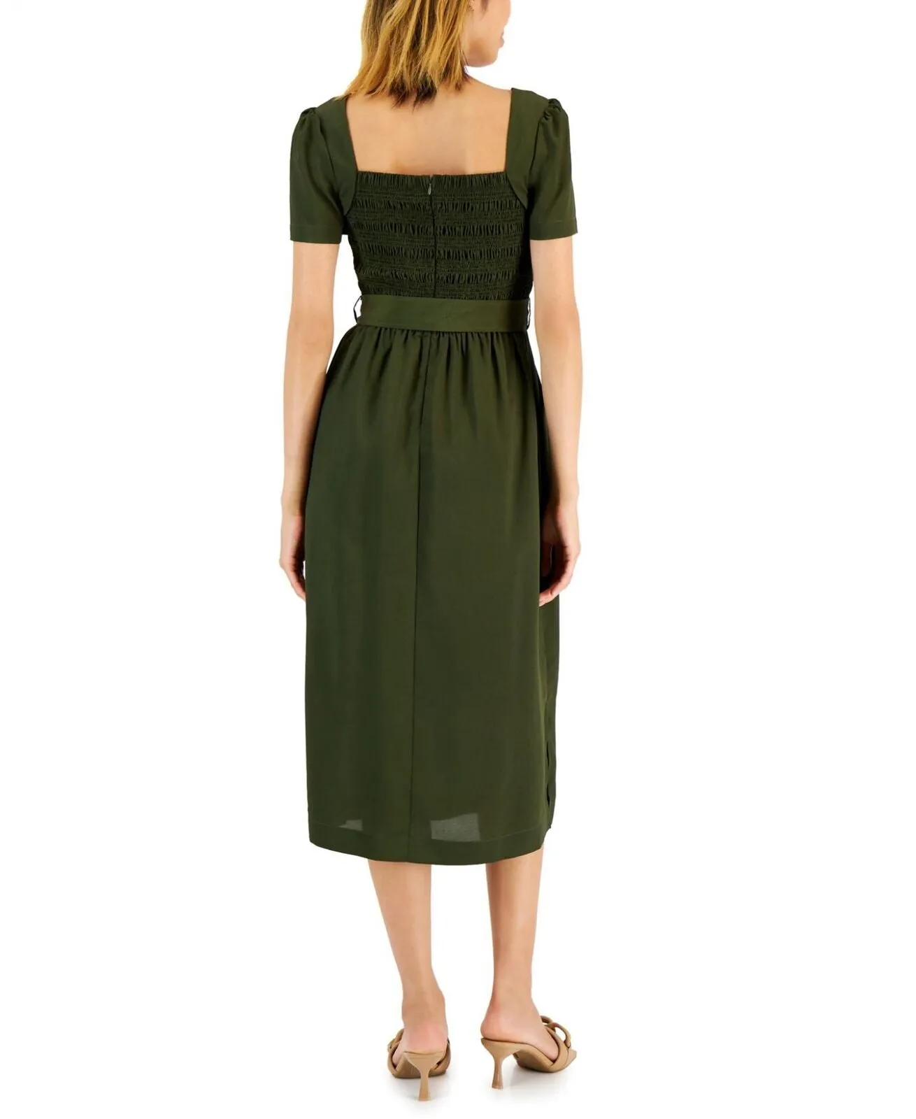 Tahari Asl Women's Smocked-Top Belted Midi Dress 2AM199-T2 Olive Green 10