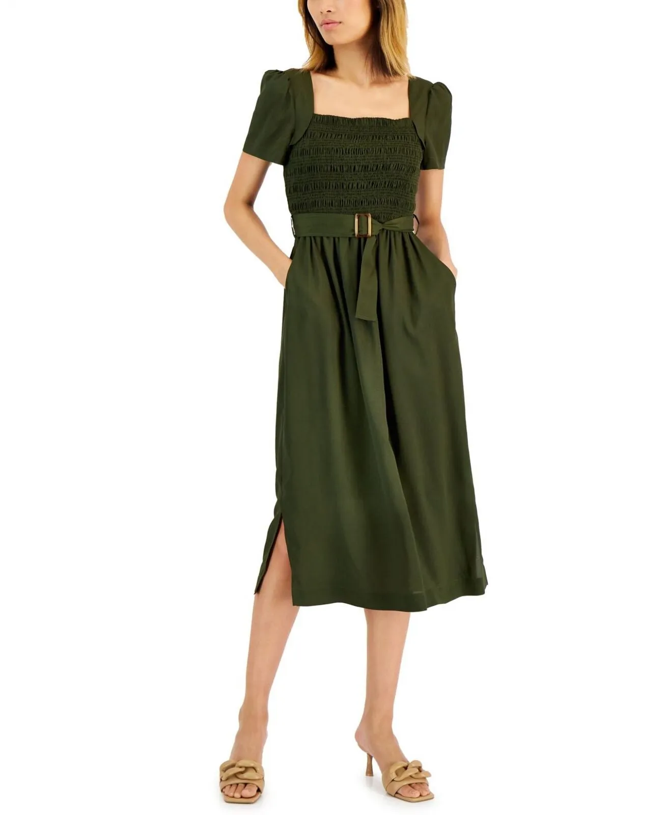 Tahari Asl Women's Smocked-Top Belted Midi Dress 2AM199-T2 Olive Green 10