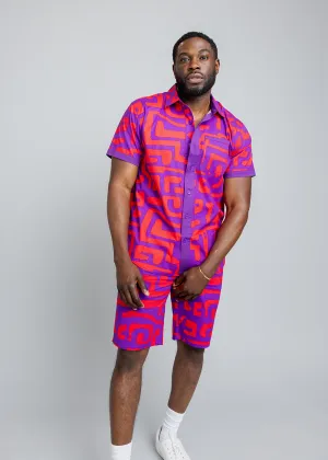 Tisholo Men's African Print Color-Blocked Shirt (Purple Red Geometric)