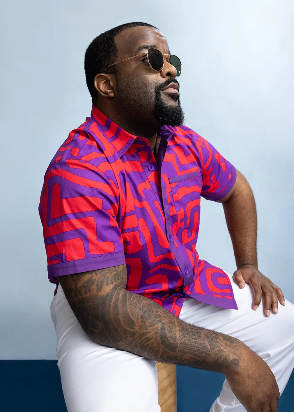 Tisholo Men's African Print Color-Blocked Shirt (Purple Red Geometric)