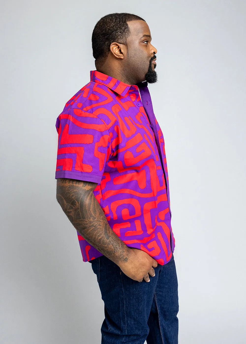 Tisholo Men's African Print Color-Blocked Shirt (Purple Red Geometric)