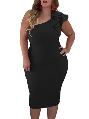 TOB Women's Sexy Plus Size Bodycon Ruffle Shoulder Cocktail Evening Midi Dress