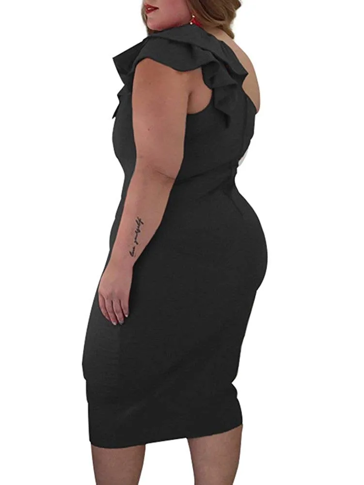 TOB Women's Sexy Plus Size Bodycon Ruffle Shoulder Cocktail Evening Midi Dress