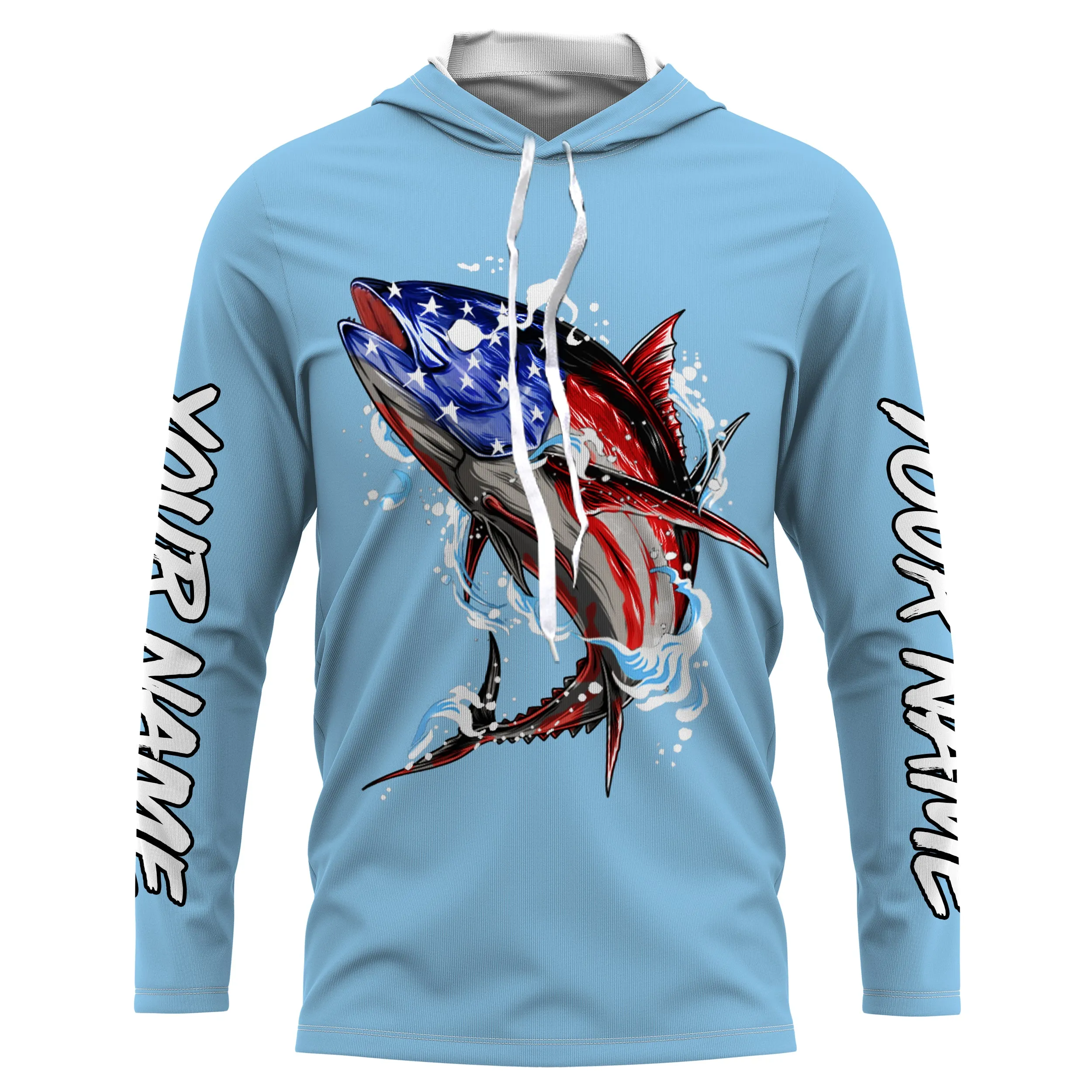 Tuna fishing American flag sky blue Custom name Long sleeve, Long Sleeve Hooded NPQ947