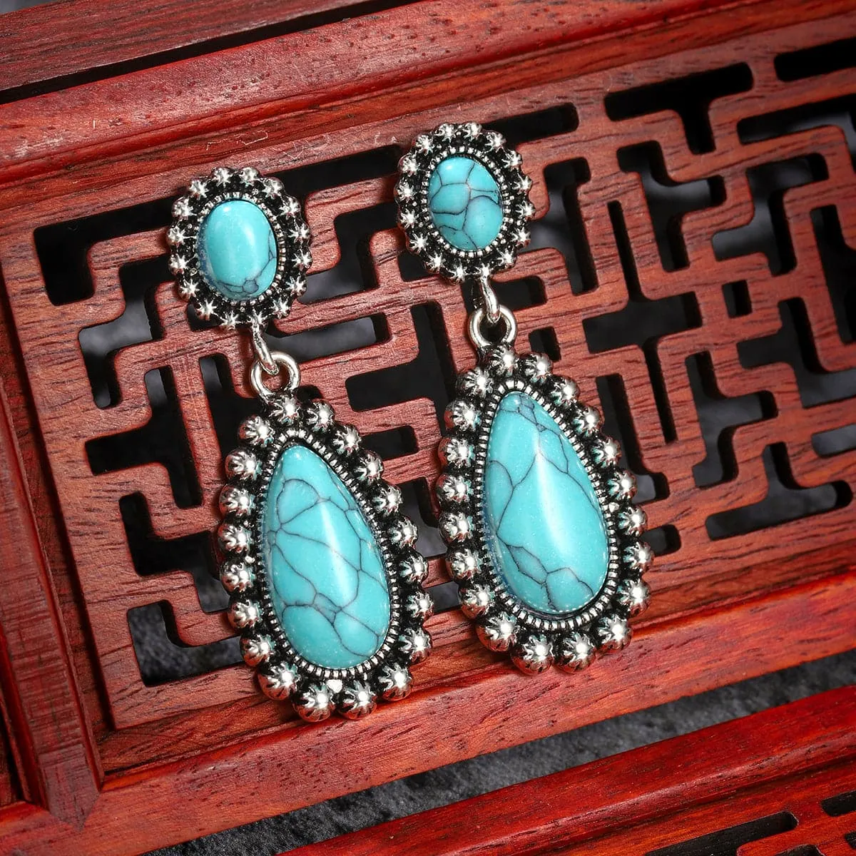 Turquoise & Silver-Plated Drop Earrings