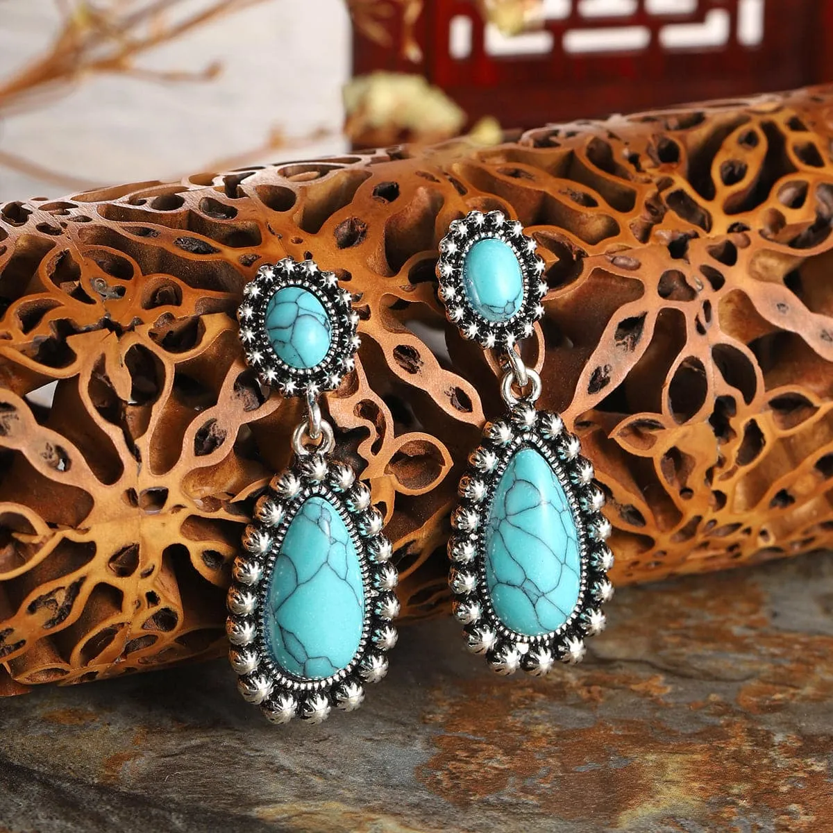 Turquoise & Silver-Plated Drop Earrings