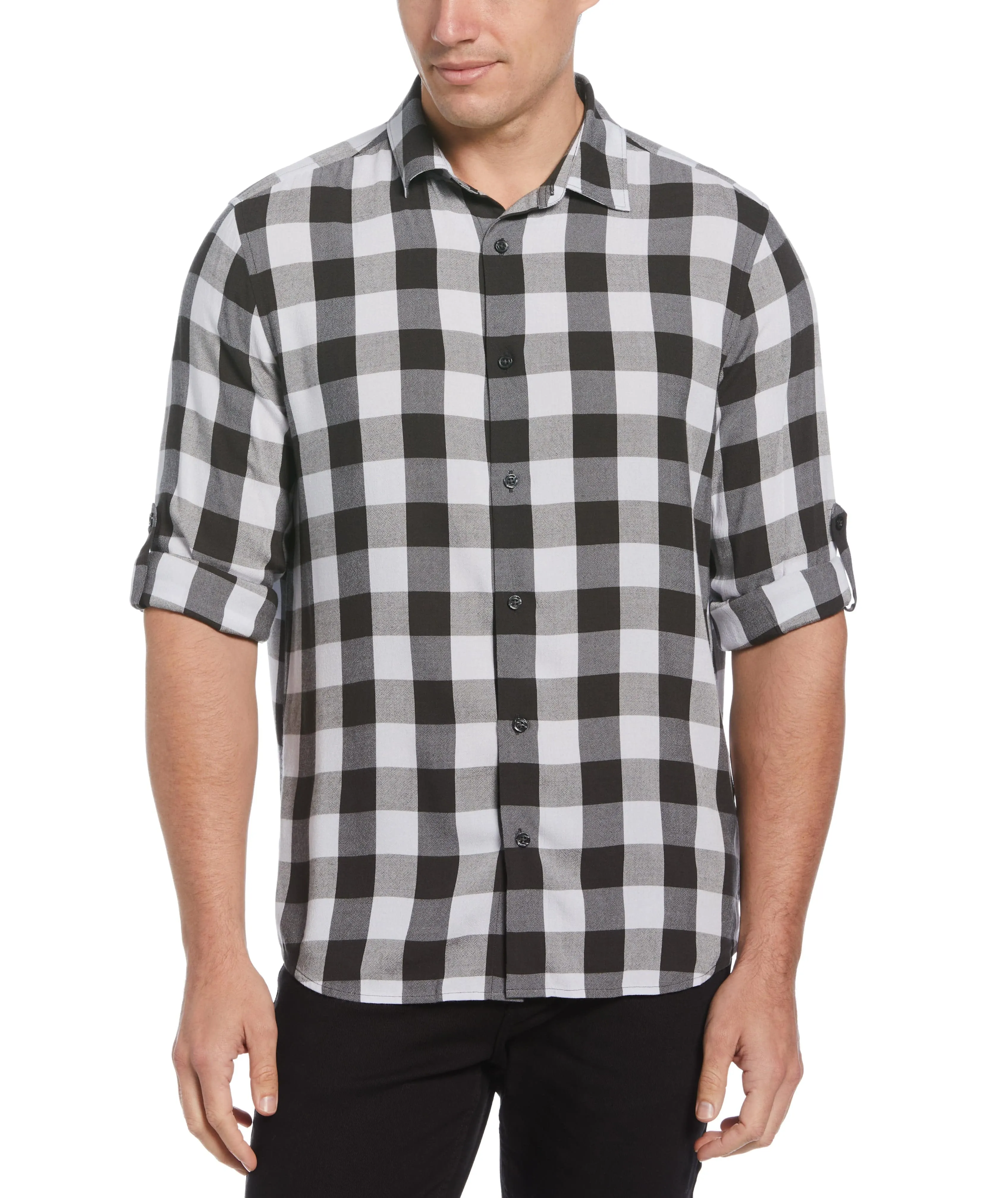 Untucked Roll Sleeve Dobby Plaid Shirt