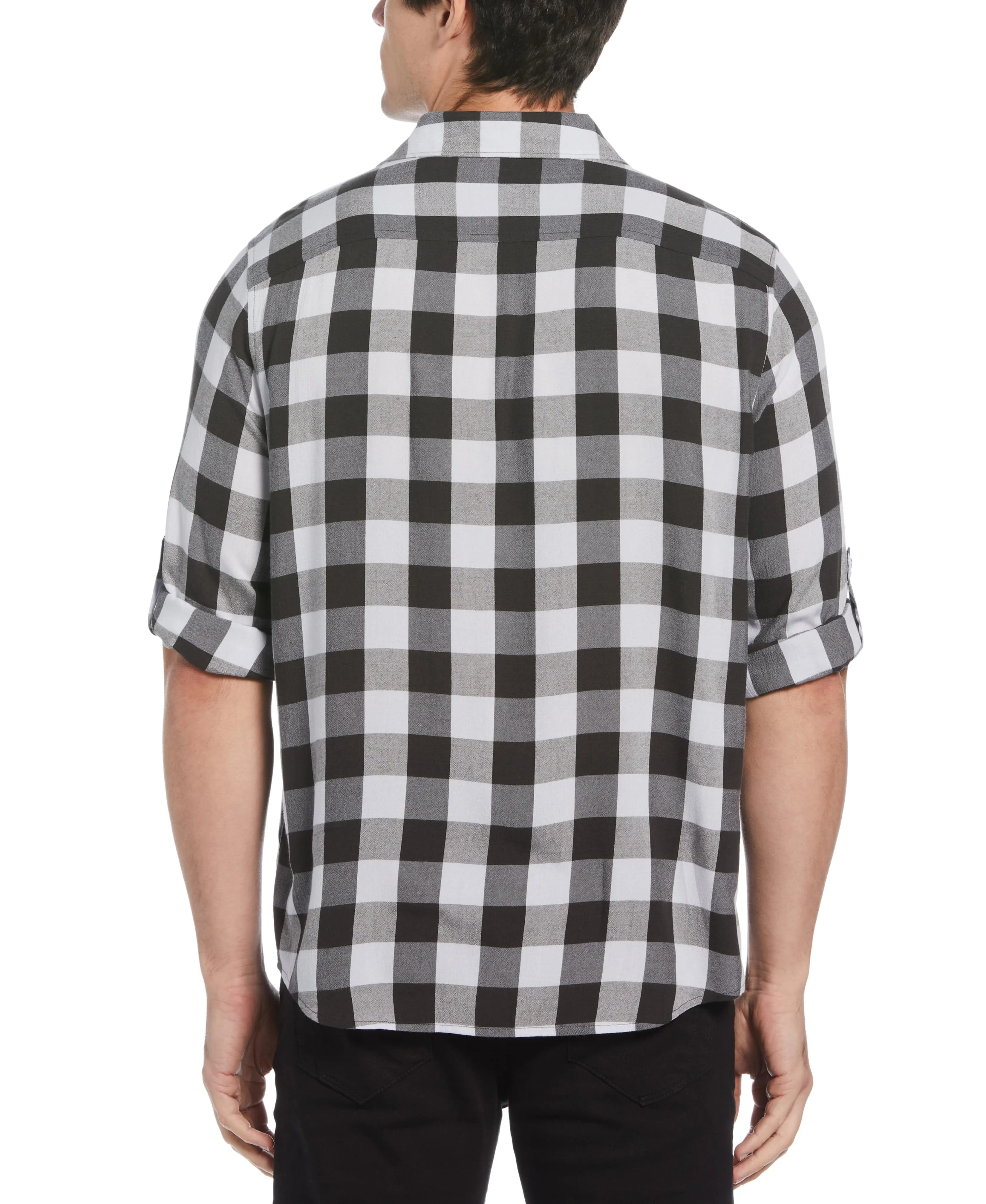 Untucked Roll Sleeve Dobby Plaid Shirt