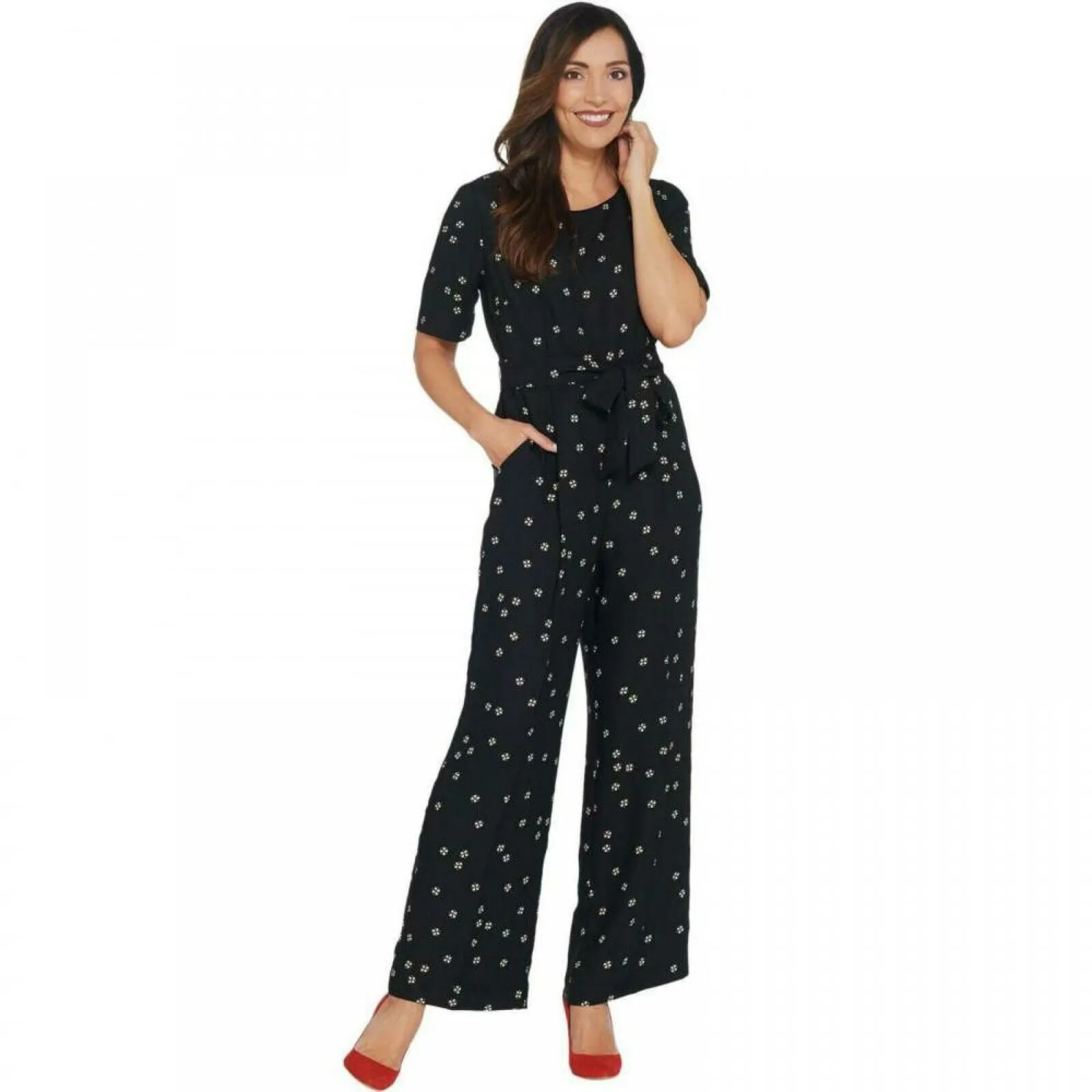 Vince Camuto Women's Elbow Sleeve Ditsy Re-Set Belted Jumpsuit