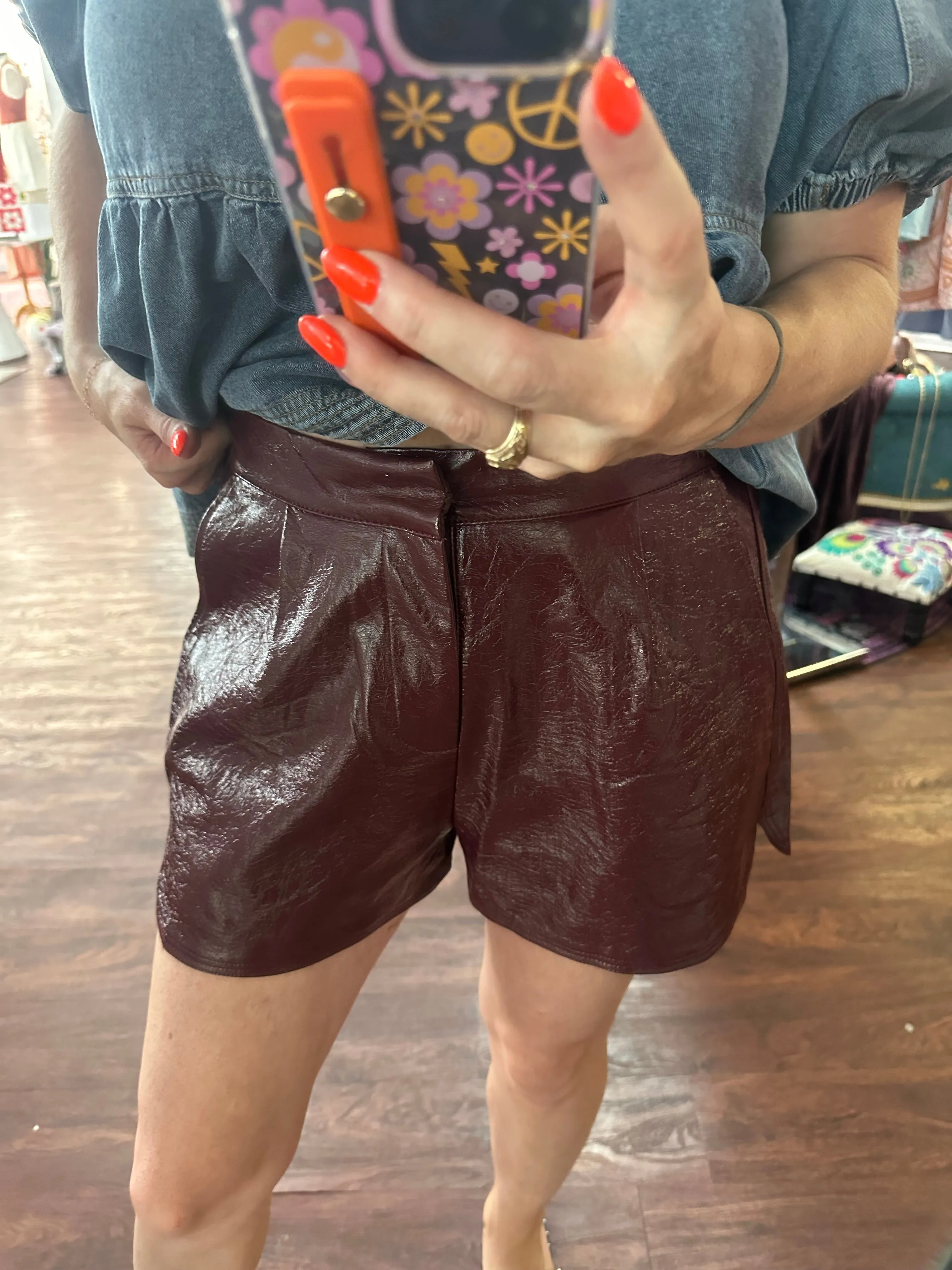 What’s Next Leather Shorts: Wine