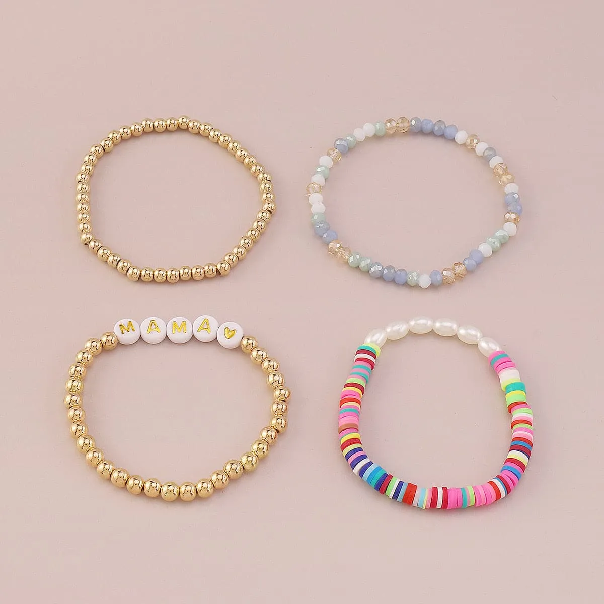 White Acrylic & Pearl 18K Gold-Plated 'Mama' Beaded Stretch Bracelet Set