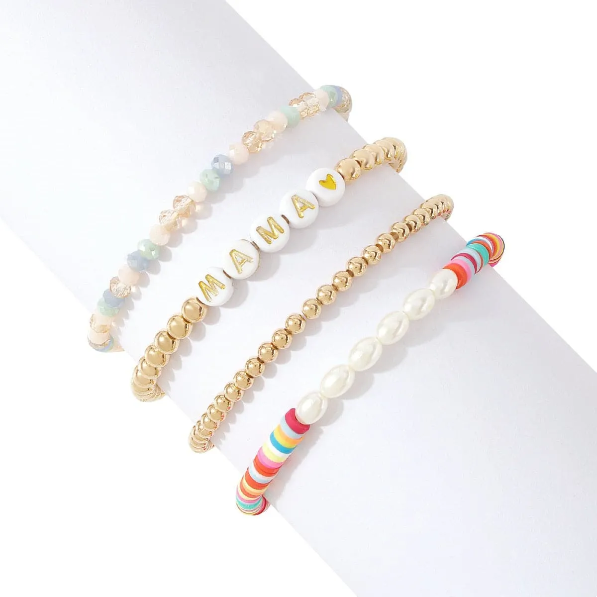 White Acrylic & Pearl 18K Gold-Plated 'Mama' Beaded Stretch Bracelet Set