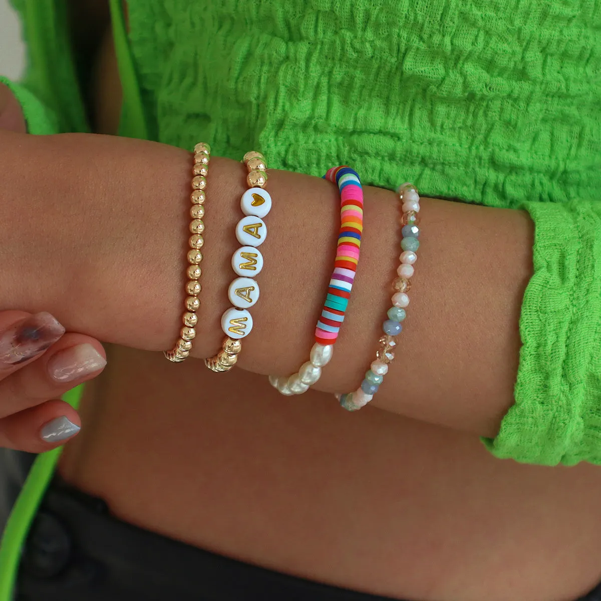 White Acrylic & Pearl 18K Gold-Plated 'Mama' Beaded Stretch Bracelet Set