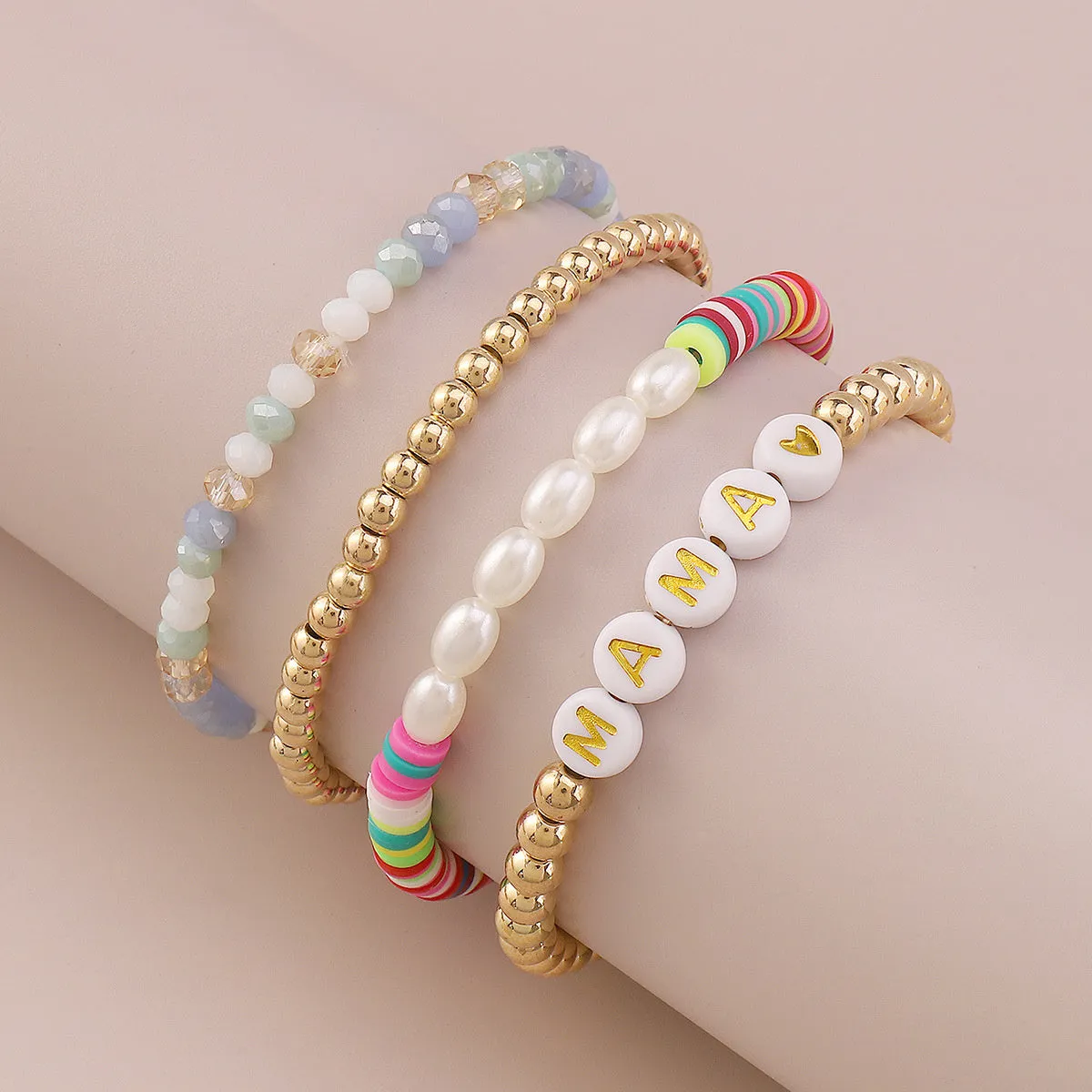 White Acrylic & Pearl 18K Gold-Plated 'Mama' Beaded Stretch Bracelet Set