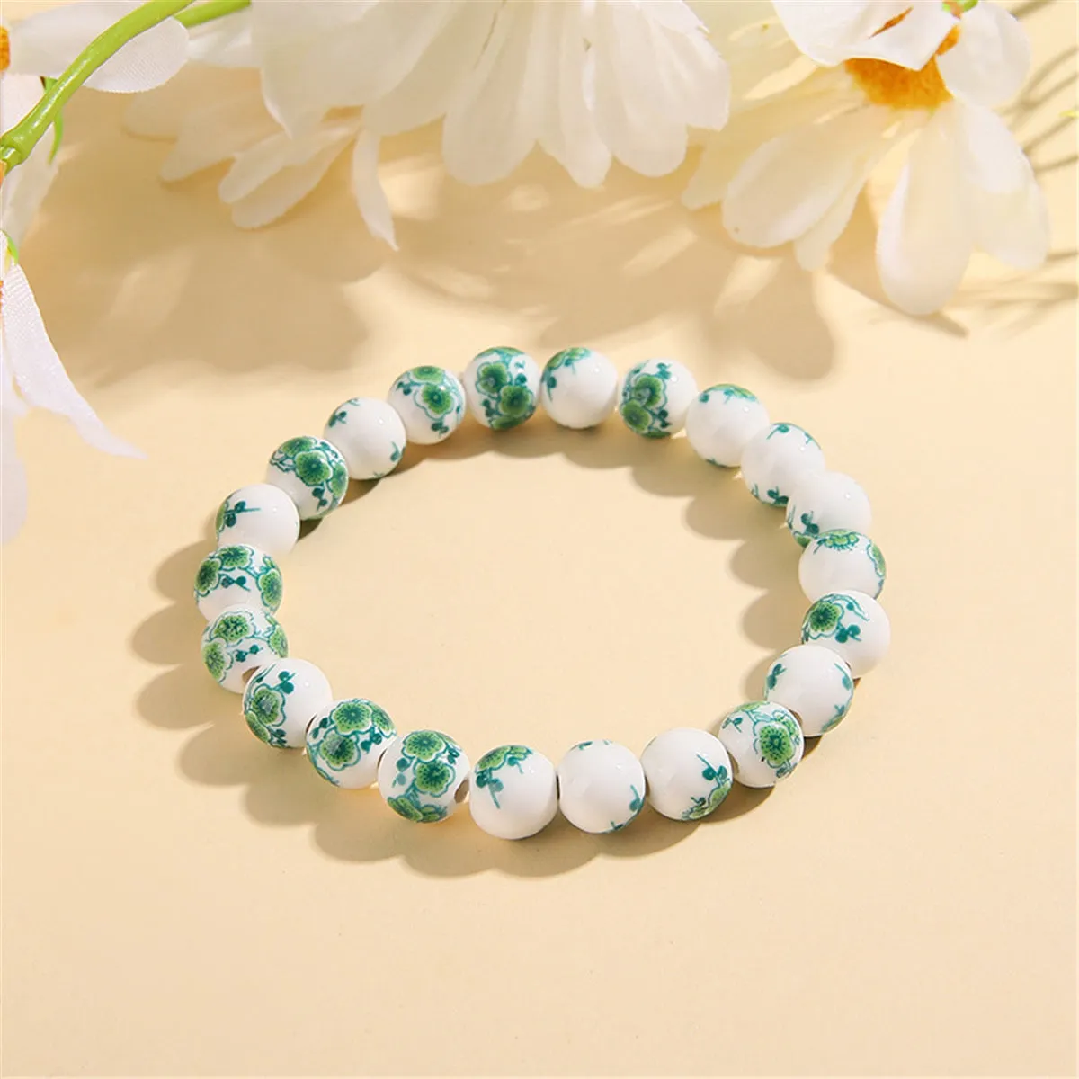 White & Green Floral Beaded Stretch Bracelet