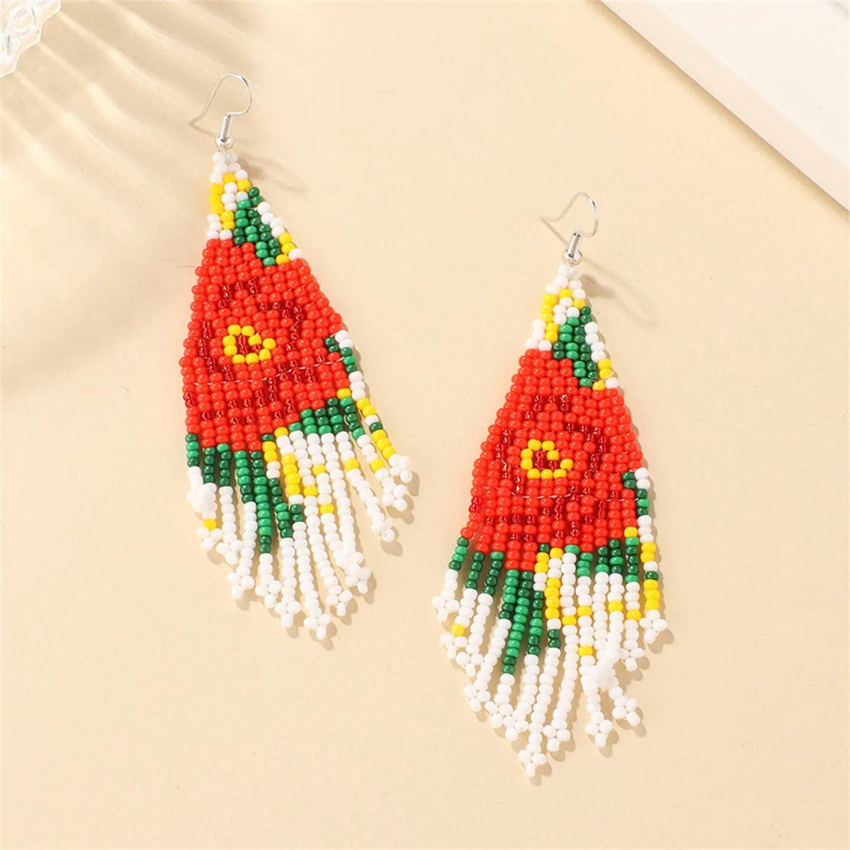 White & Red Howlite Flower Tassel Drop Earrings