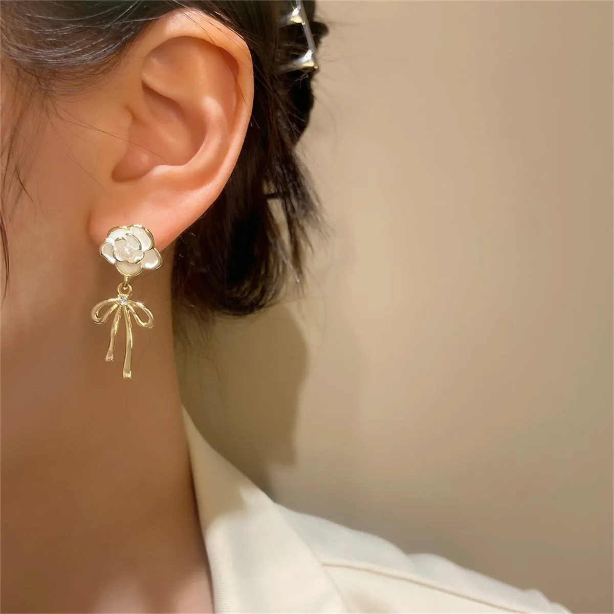 White Enamel & Pearl Cubic Zirconia-Accent Camellia Bow Drop Earrings