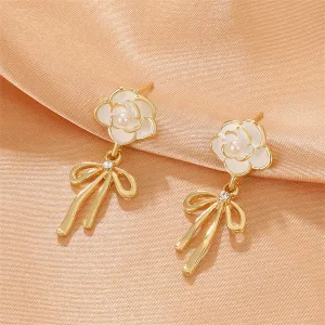 White Enamel & Pearl Cubic Zirconia-Accent Camellia Bow Drop Earrings