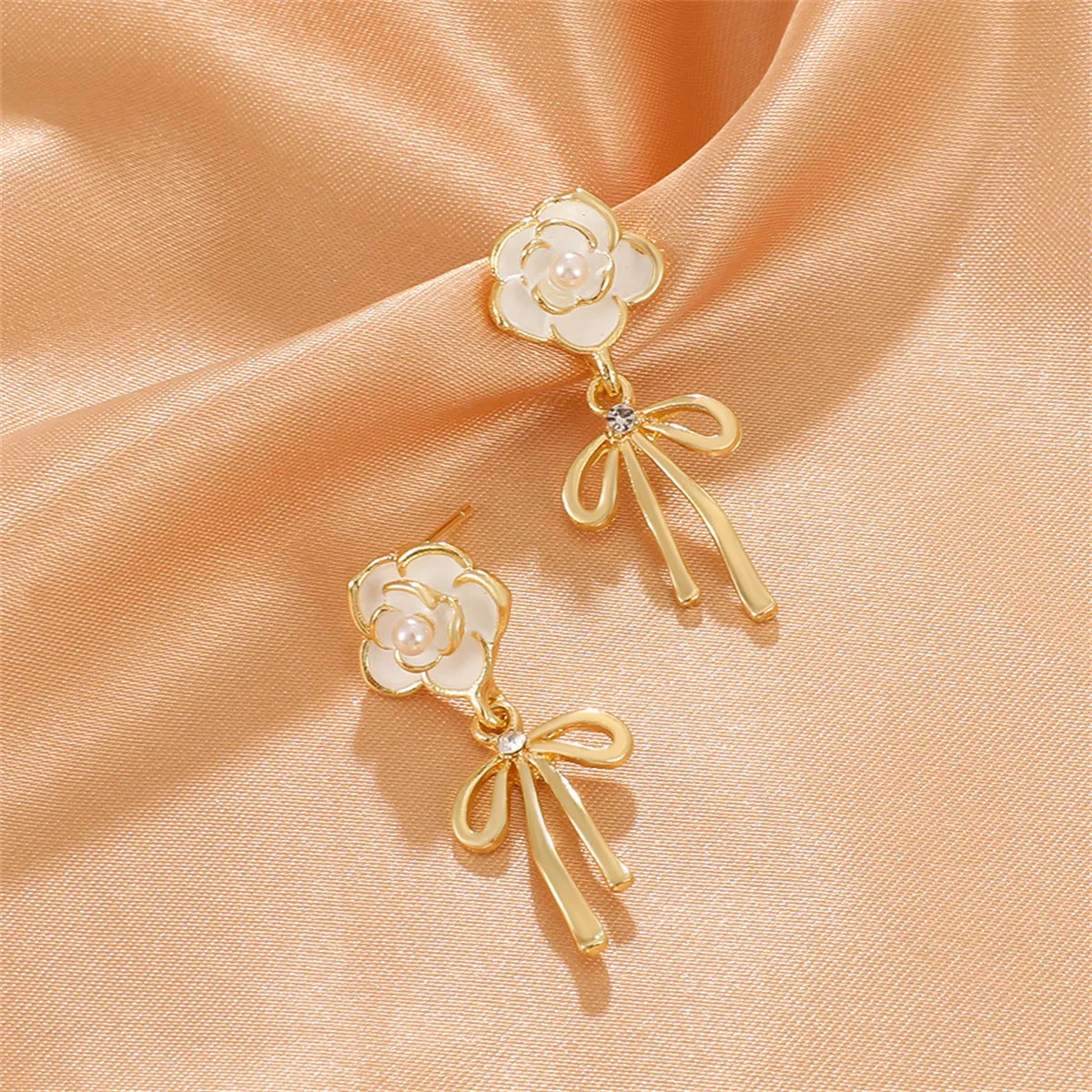 White Enamel & Pearl Cubic Zirconia-Accent Camellia Bow Drop Earrings