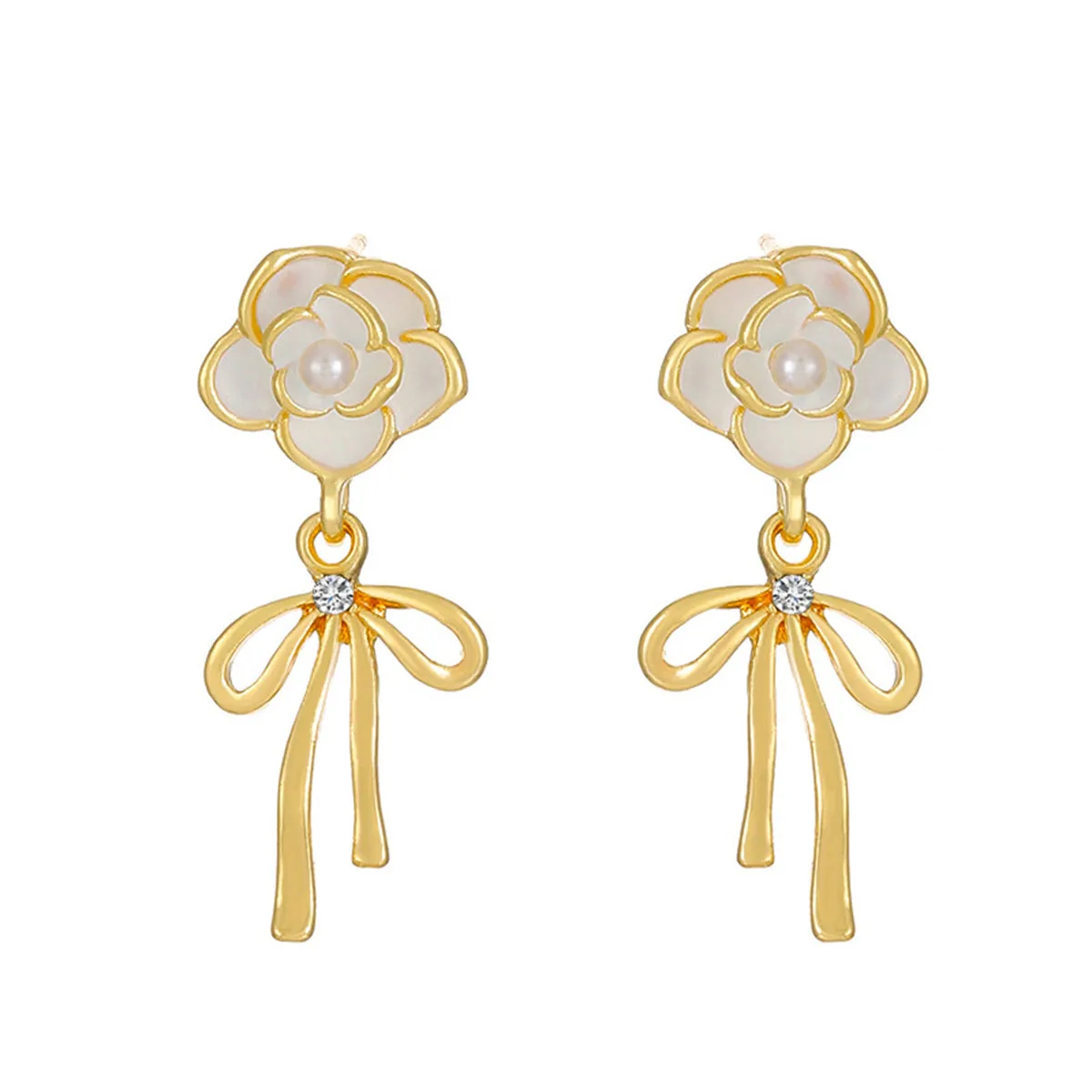 White Enamel & Pearl Cubic Zirconia-Accent Camellia Bow Drop Earrings