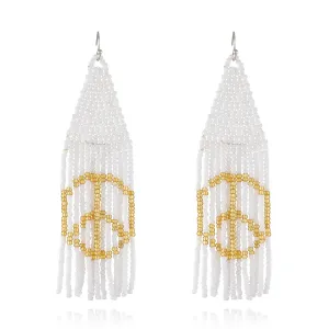 White Howlite Peace Sign Tassel Drop Earrings