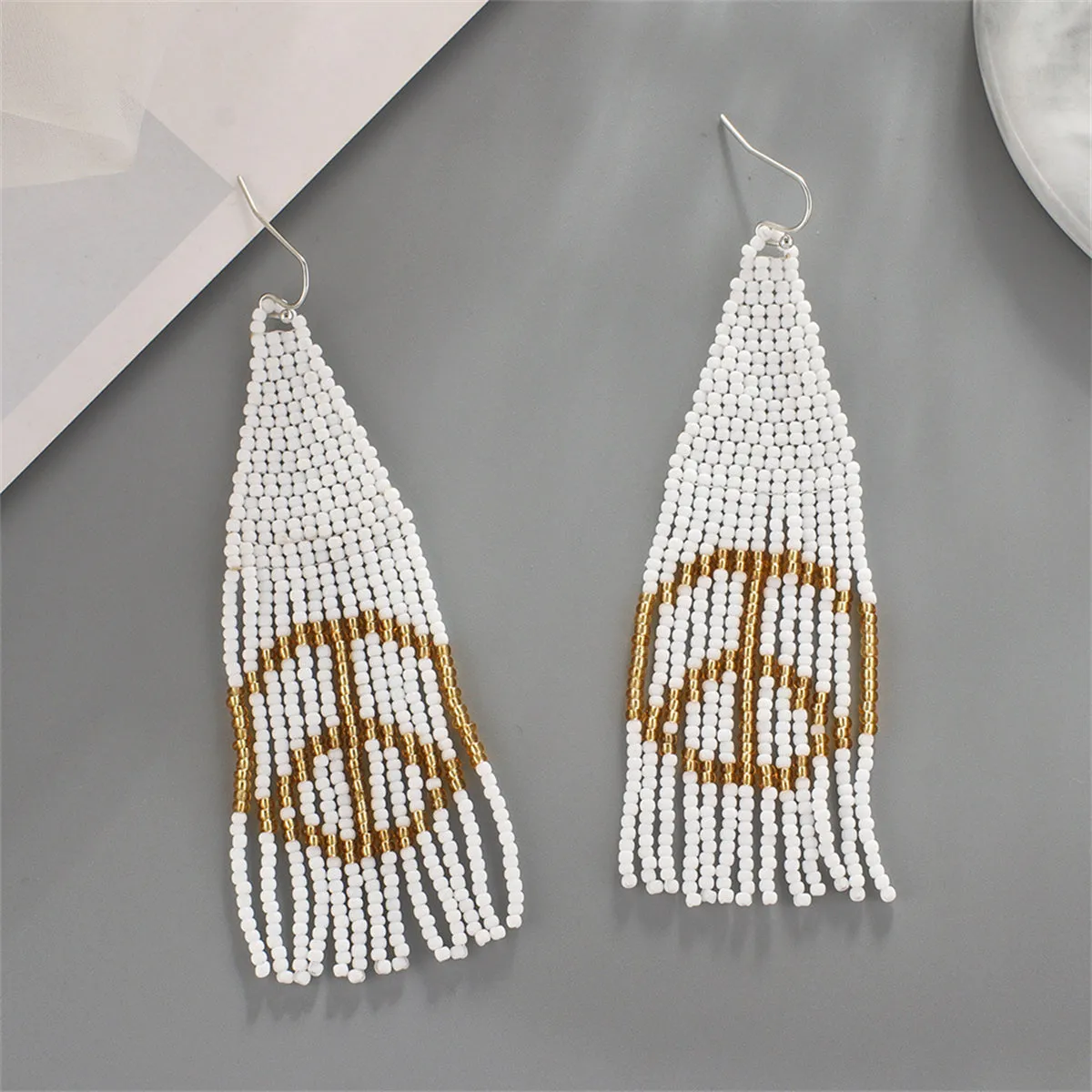 White Howlite Peace Sign Tassel Drop Earrings