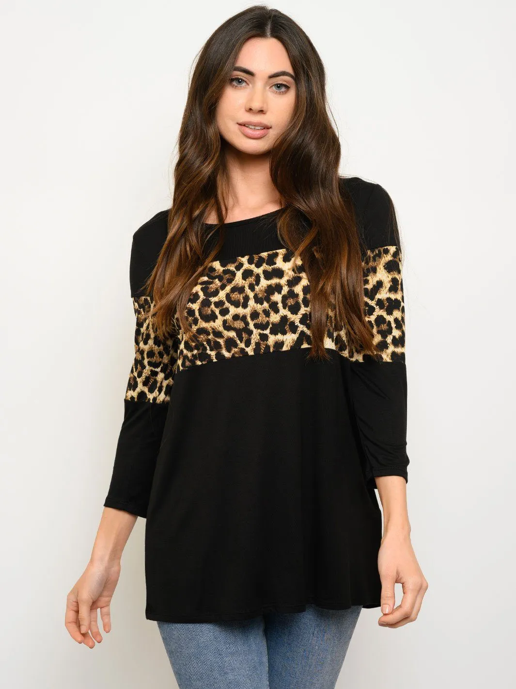 WOMEN'S ANIMAL PRINT 3/4 SLEEVE SOLID TOP