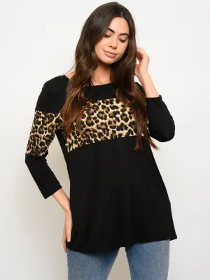 WOMEN'S ANIMAL PRINT 3/4 SLEEVE SOLID TOP