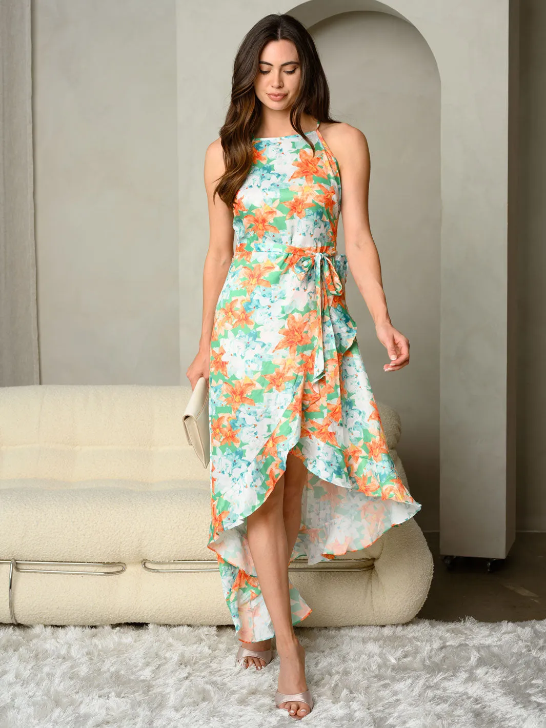WOMEN'S BELTED FLORAL PRINT SATIN MIDI DRESS