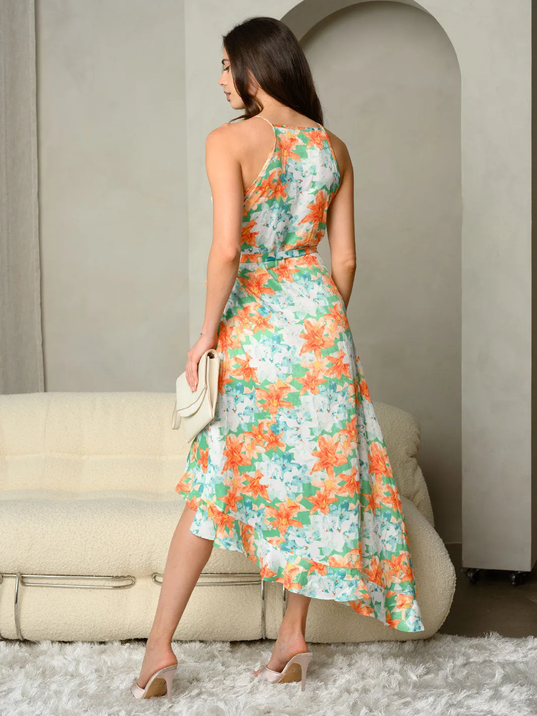 WOMEN'S BELTED FLORAL PRINT SATIN MIDI DRESS