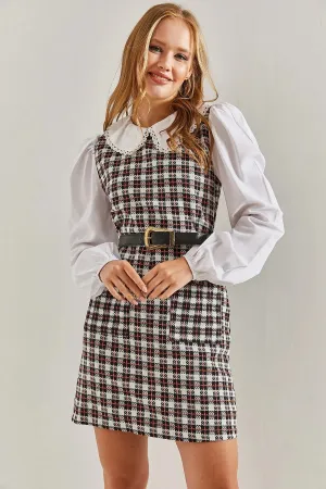 Women's Belted Plaid Collar Dress