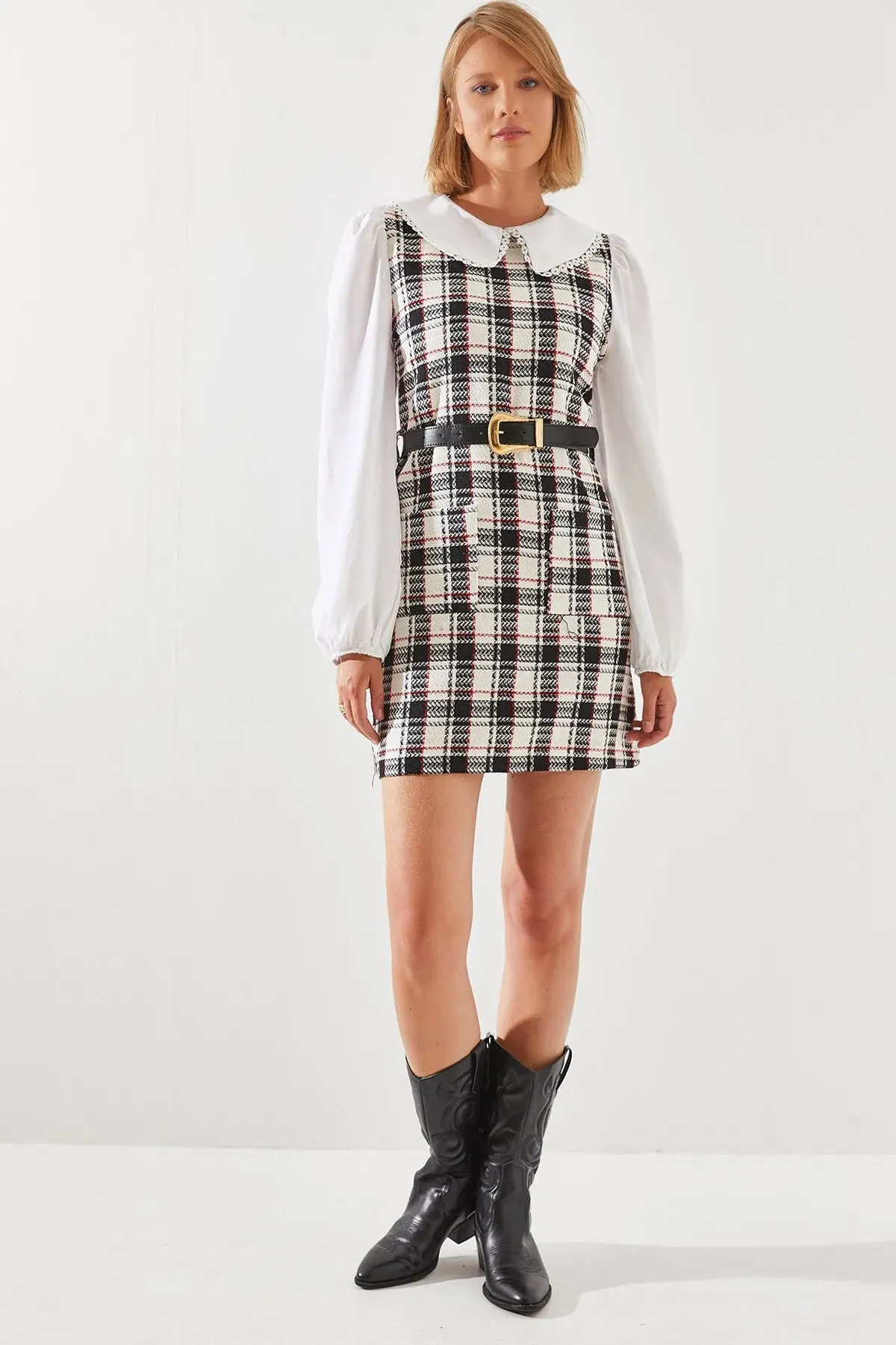 Women's Belted Plaid Collar Dress