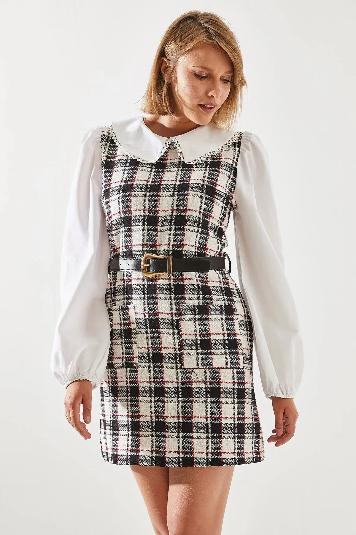 Women's Belted Plaid Collar Dress