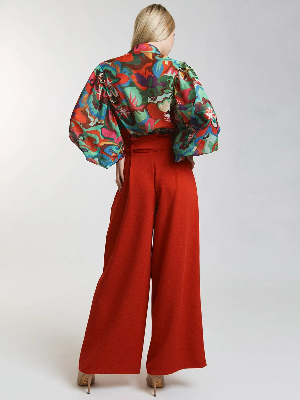 WOMEN'S BUTTON CLOSURE FRONT POCKETS BELTED WIDE LEG PANTS