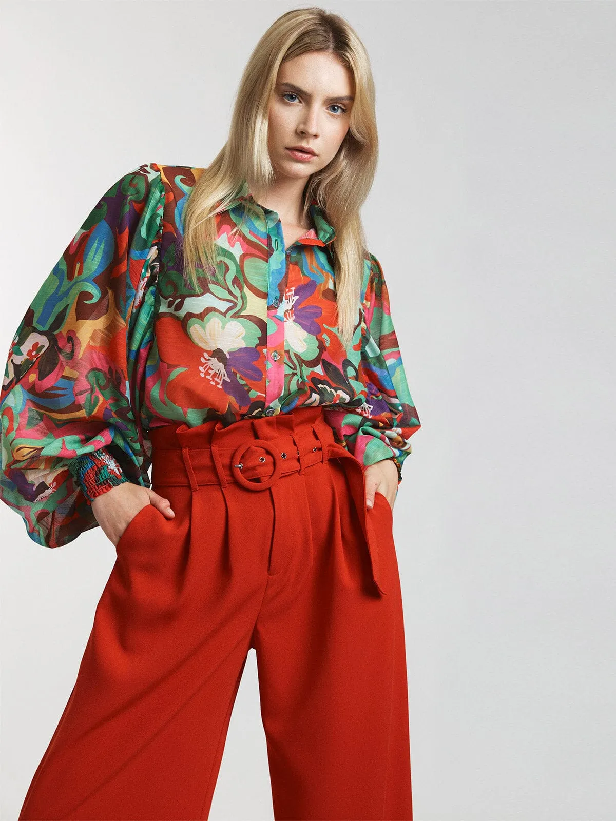WOMEN'S BUTTON CLOSURE FRONT POCKETS BELTED WIDE LEG PANTS
