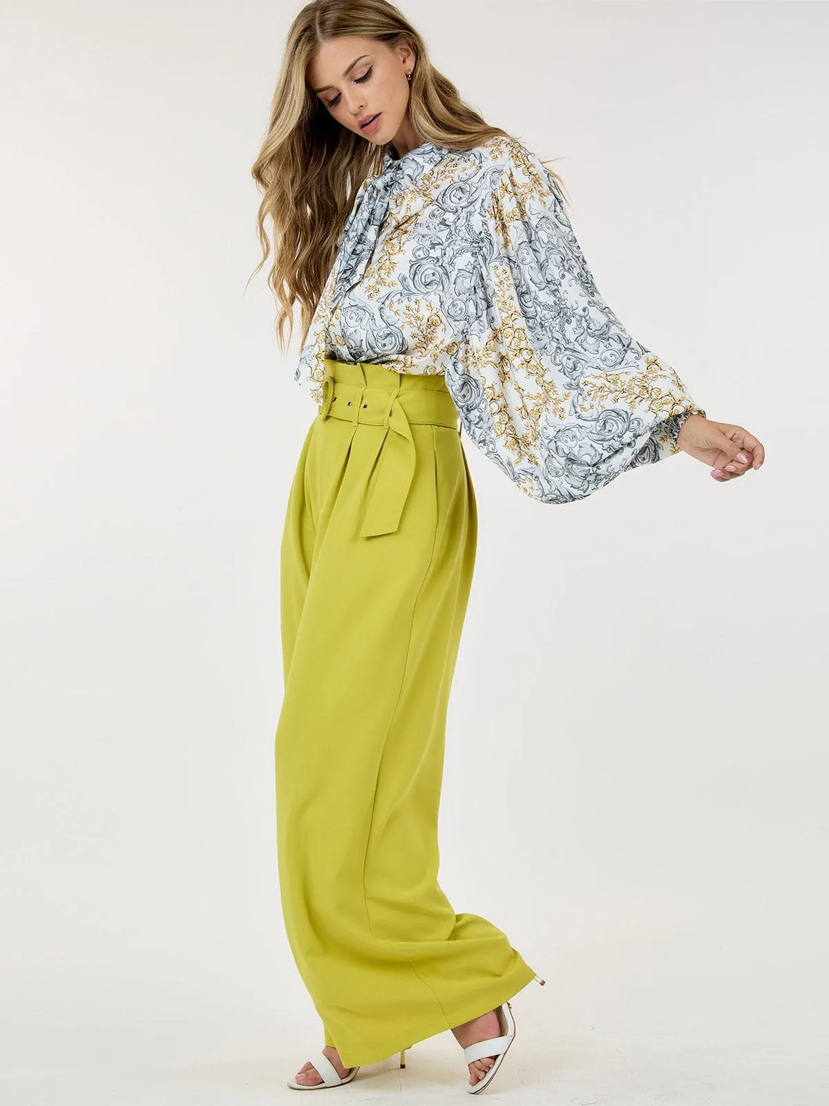 WOMEN'S BUTTON CLOSURE FRONT POCKETS BELTED WIDE LEG PANTS