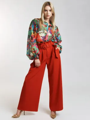 WOMEN'S BUTTON CLOSURE FRONT POCKETS BELTED WIDE LEG PANTS