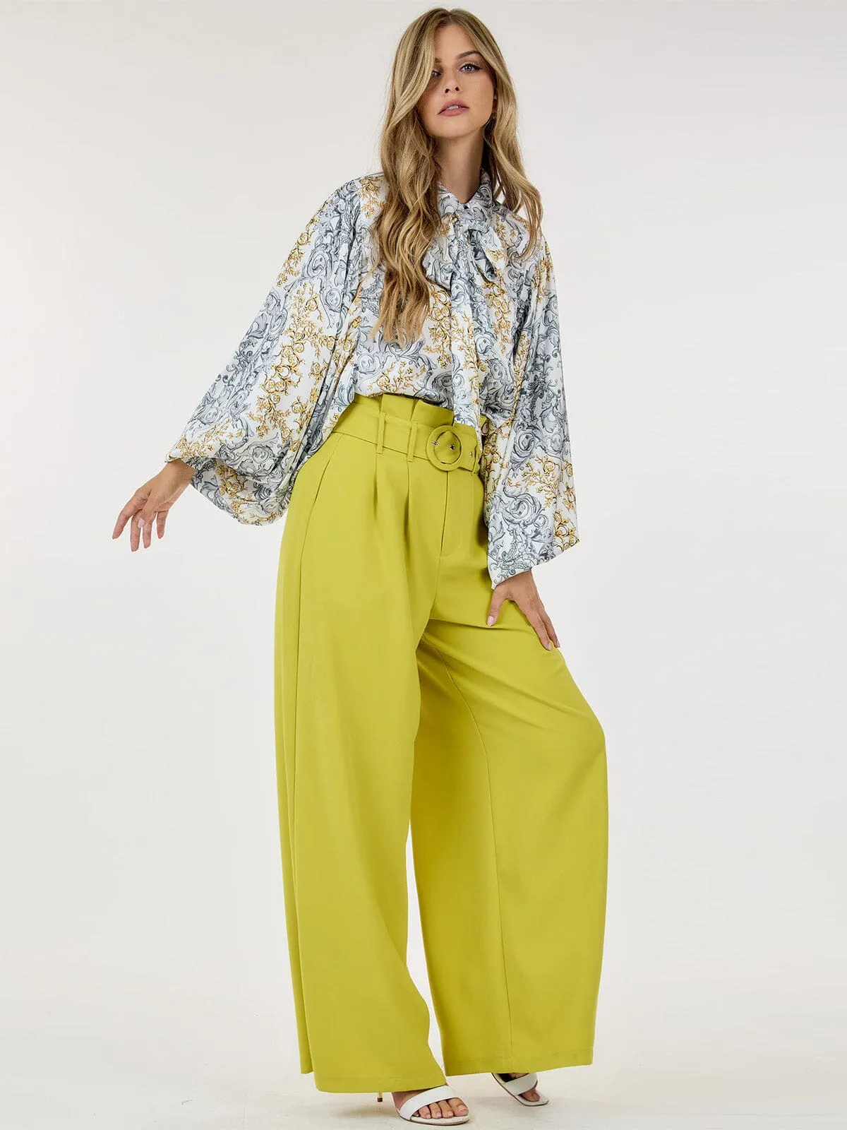 WOMEN'S BUTTON CLOSURE FRONT POCKETS BELTED WIDE LEG PANTS