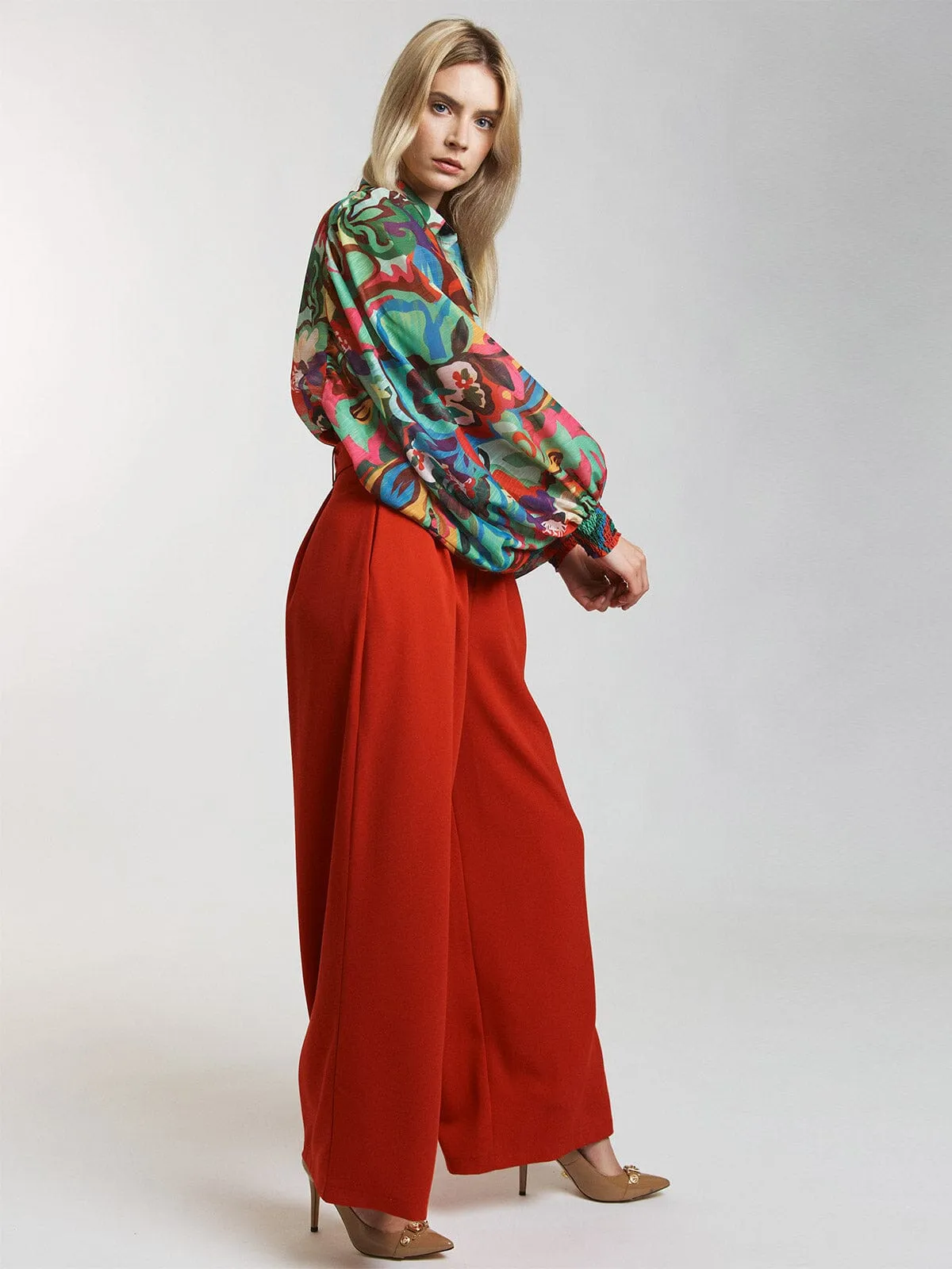 WOMEN'S BUTTON CLOSURE FRONT POCKETS BELTED WIDE LEG PANTS