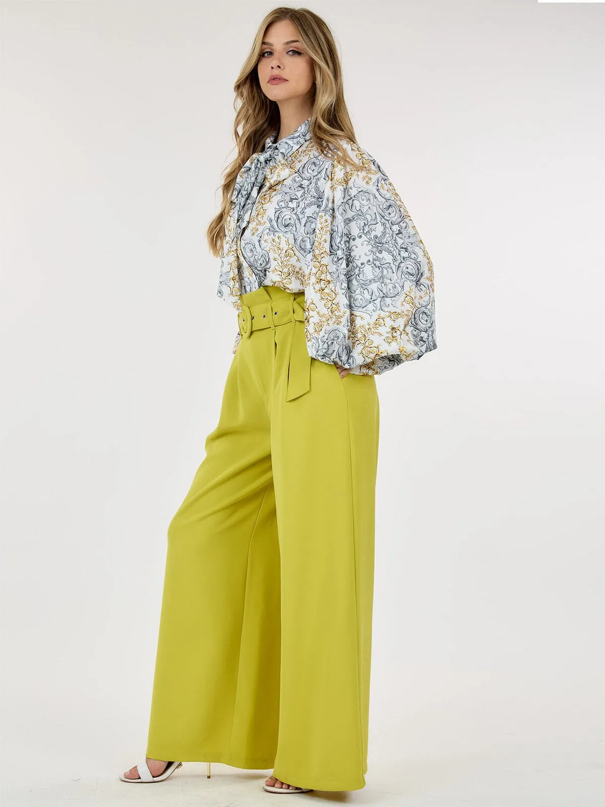 WOMEN'S BUTTON CLOSURE FRONT POCKETS BELTED WIDE LEG PANTS