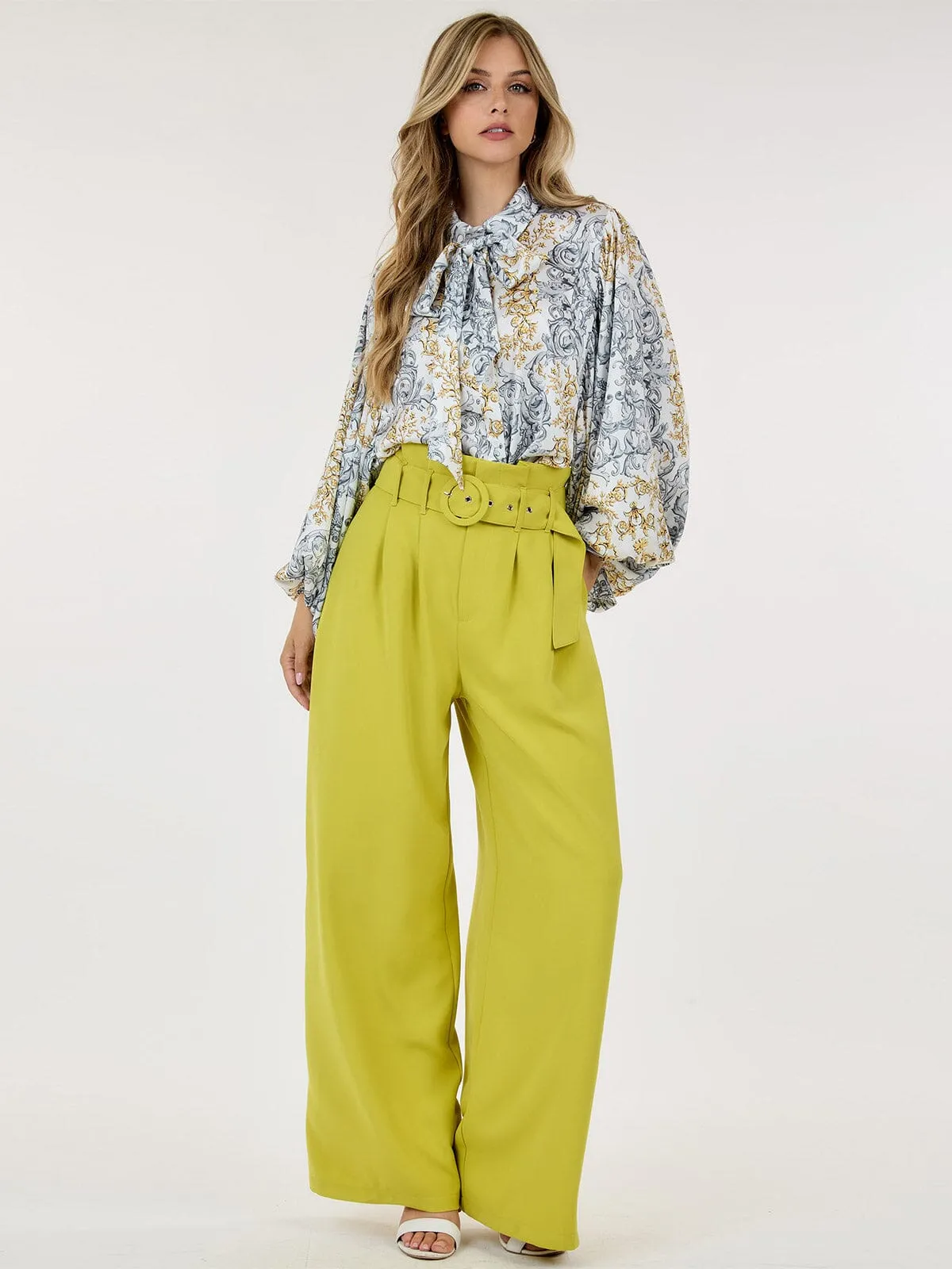 WOMEN'S BUTTON CLOSURE FRONT POCKETS BELTED WIDE LEG PANTS