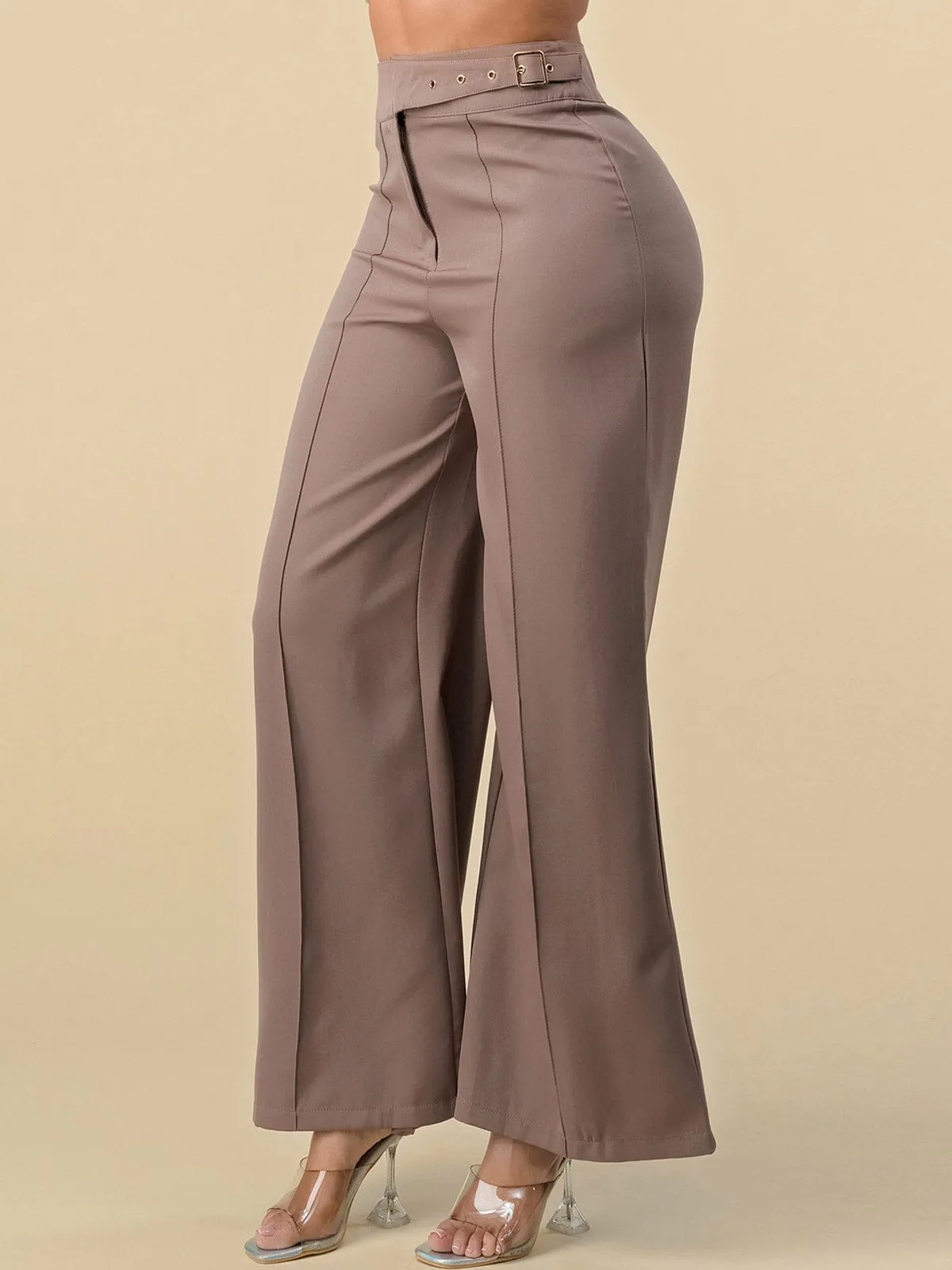 WOMEN'S BUTTON CLOSURE WIDE LEG PANTS